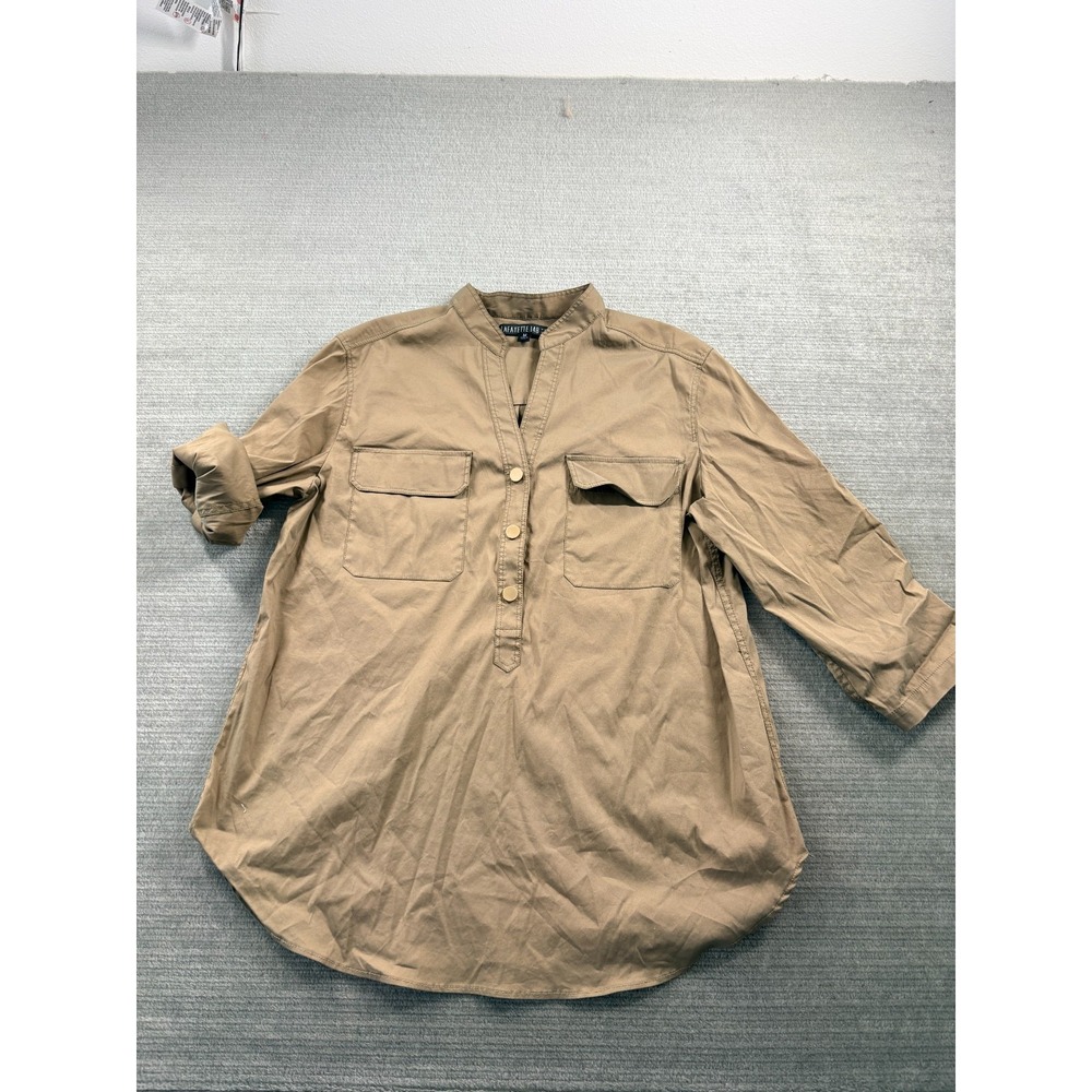 Lafayette 148 Popover Top Women M Beige Roll Tab Office Tunic Casual Classic